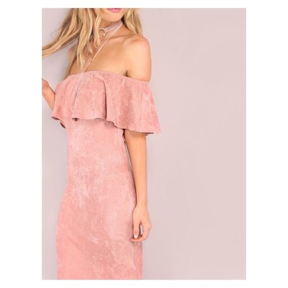 Pink Faux Suede Off the Shoulder Ruffle Midi Dress - Picture 4 of 4